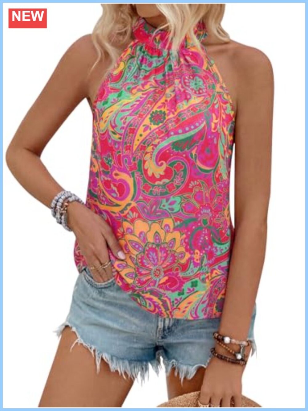 Women's Halter Tank Top Sleeveless Boho Paisley Summer Blouse